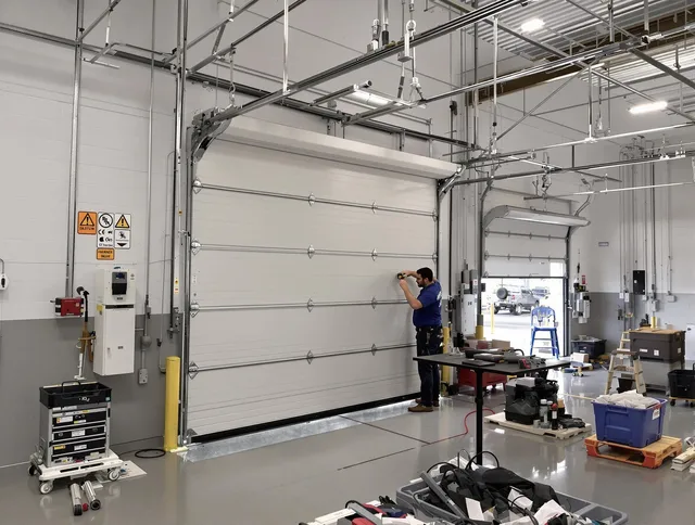 Commercial garage door repair being performed by Euclid Garage Door Repair expert in Euclid