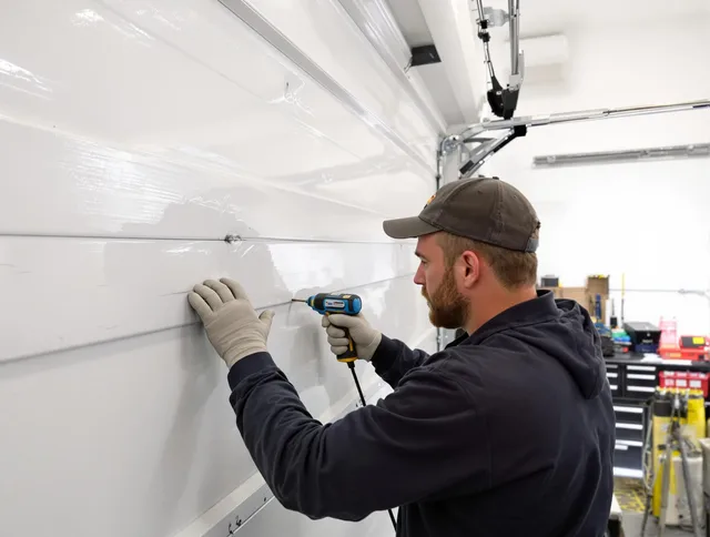 Euclid Garage Door Repair technician demonstrating precision dent removal techniques on a Euclid garage door