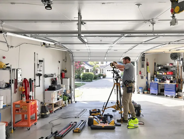 Euclid Garage Door Repair specialist performing laser-guided track alignment in Euclid